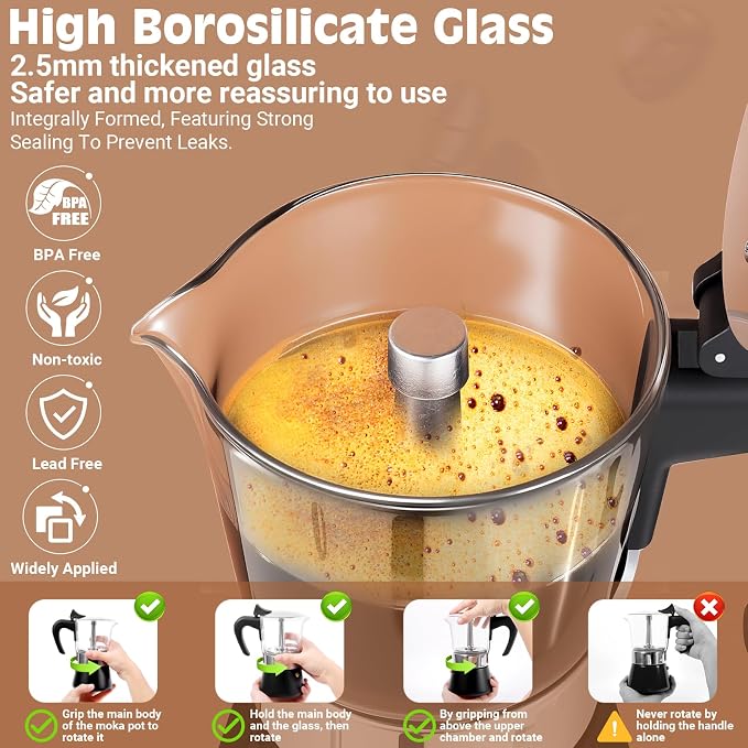6 Cup 300ml Glass Moka Pot, Stovetop Espresso Maker, Black | Crystal Glass-top & Stainless Steel Coffee Maker, Induction Compatible, for Greca de Cafe, Cuban and Italian Coffee Brewing - Image 3