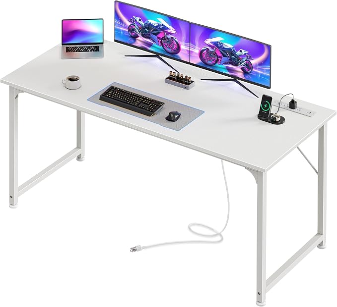PRAISUN 55 X 20 Inch Computer Desk, Power Outlets, USB-C, White | Office Desk with 4 AC Outlets, USB & USB-C, Sturdy Metal Frame, Spacious Desktop for Work, Writing, Study & Gaming by PRAISUN