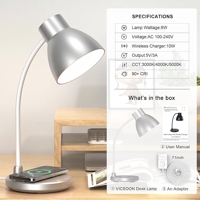 LED Desk Lamp for Home Office with Wireless Charger, Silver | 3 Color Modes Dimmable Eye-Caring Study Reading Dorm Desk Lamp, 360° Flexible Arm Table Lamp for College Dorm Room, 800 Lumen - Image 7