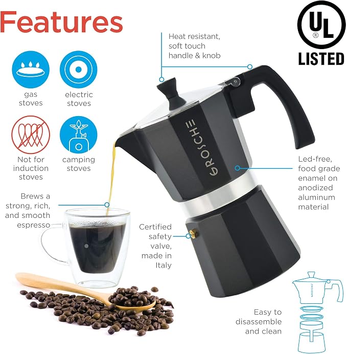 GROSCHE Milano Moka pot, Stovetop Espresso maker, Greca Coffee Maker, Stovetop coffee maker and espresso maker percolator (Black, 12 cup) | Cuban Coffee Maker And Italian Moka Pot For Stovetop Espresso; For Gas, Electric, And Propane Stoves With A Soft... - Image 4