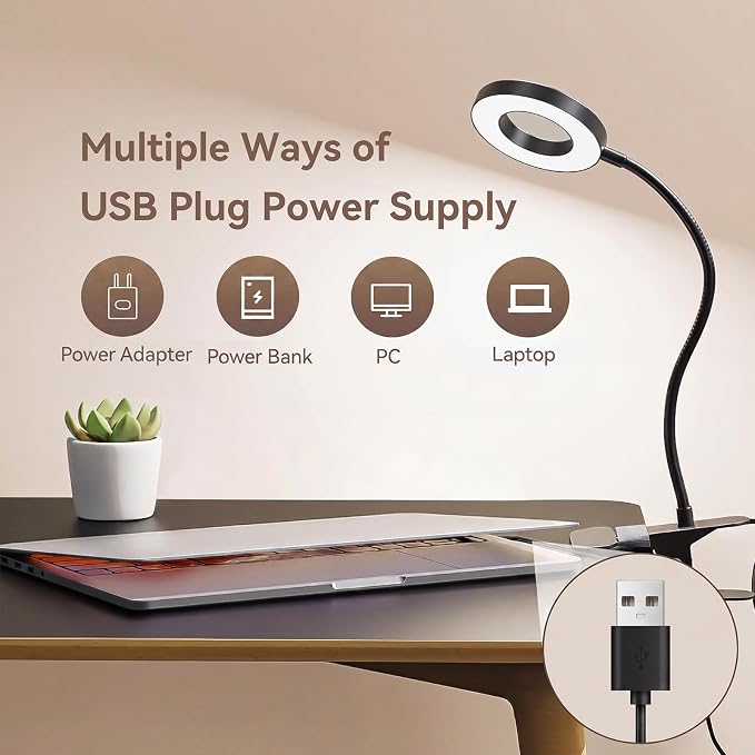 2 Pack LED Clip on Desk Lamp, Metal 360 Adjustable Neck | Eye-Caring Clamp Lamp, Memory Function, 3 Color Modes & 10 Brightness Levels, For Home, Office, Dorm, Bedroom - Image 4