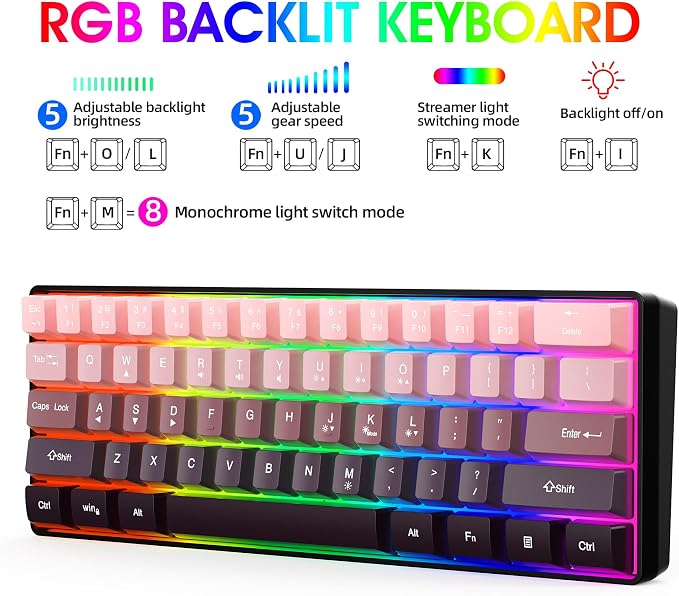 Snpurdiri 60% Wired Gaming Keyboard, Pink-Black | 61 Keys, RGB Backlit Ultra-Compact Small Gaming Keyboard for PC/Mac Gamer, Typist, Travel, Easy to Carry on Business Trip - Image 2