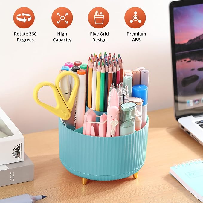 Desk Pencil Pen Holder, 5 Slots 360°Degree Rotating Organizers for, Desktop Storage Stationery Supplies Organizer, Cute Cup Pot Office, School, Home, Art Supply, Blue - Image 2