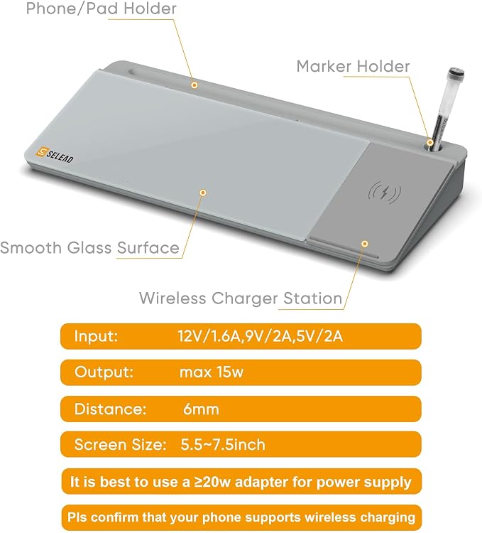 SELEAD Desktop Glass Whiteboard with Wireless Charger Station, Dry Erase White Board Computer Pad Keyboard Stand with Organizer for Home, School, Office Desk Accessories, Gray - Image 5