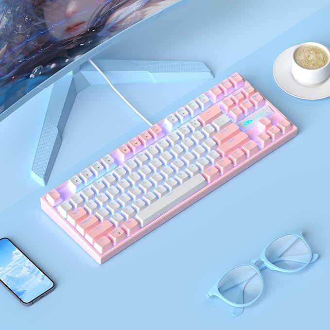 MageGee 75% Mechanical Gaming Keyboard, Red Switch, LED Blue Backlit, 87 Keys Compact TKL Wired Computer Keyboards for Windows Laptop PC Gamer - White/Pink - Image 7