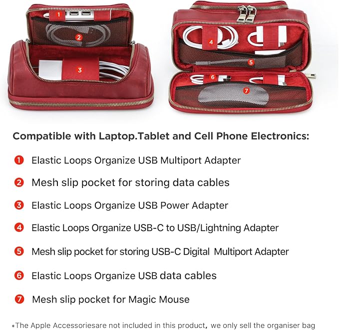 Hiram Handmade Crazy Horse Leather Tech Organizer Travel Case – Accessories Organiser Bag for Laptop, Tablet & Cell Phone, Double Compartment Charger Organizer Travel Case Red - Image 3