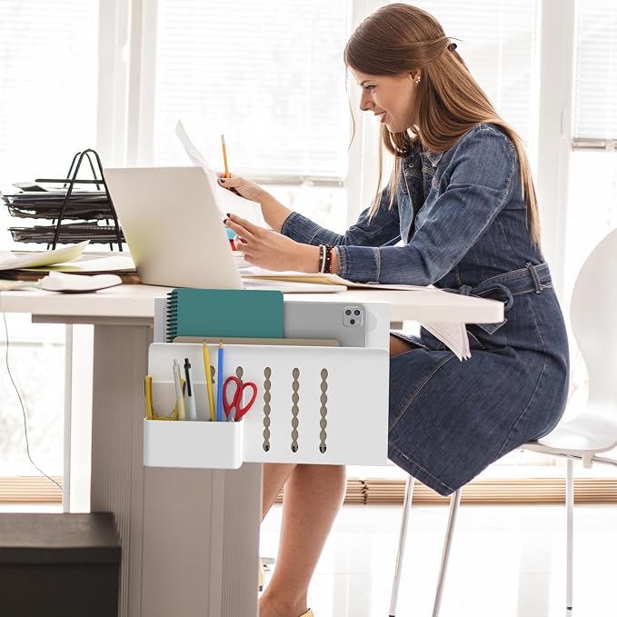 HAMOPY Desk Side Storage, Single-Layer Steel Hanging Desk Organizer with Magnetic Pen Holder, No Drilling Desk Drawer Cable Management Tray, Under Desk Laptop Holder for Office, School&Home(White) - Image 8