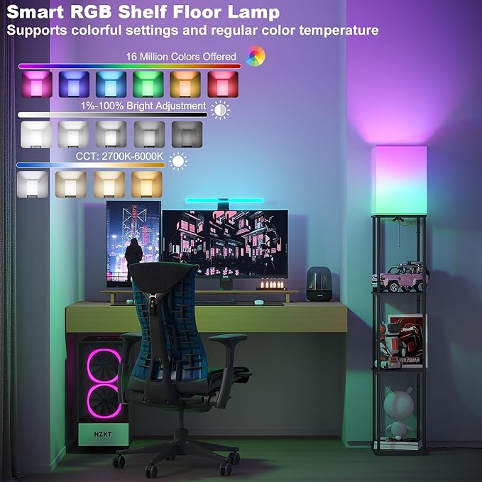 SUNMORY Floor Lamp with Shelves, Smart APP Control Standing Lamps with RGB Bulb, 4-Tier Dimmable Floor Lamps for Living Room, Tall Lamp for Bedroom, Office, Corner Display Bookshelf Lamp - Image 2