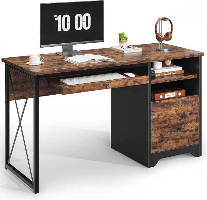 Bestier 47" Computer Desk with Drawers, Home Office Desk with Keyboard Tray, Reversible Industrial Office Desk with Storage Cabinet for Small Space Home Office & Studio, Rustic Brown | Storage Drawer, File Drawer Letter/Legal, Keyboard Tray, Cable Mana... - Image 9