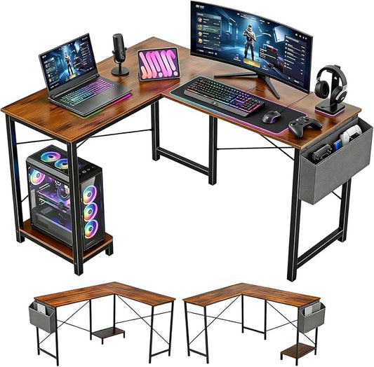 L Shaped Desk Computer Desk, 50inch Brown Gaming Desk with CPU Stand | Reversible Corner Desk, Storage Bag, Sturdy Metal Frame, Student Study Writing Table for Home Office by SageNest