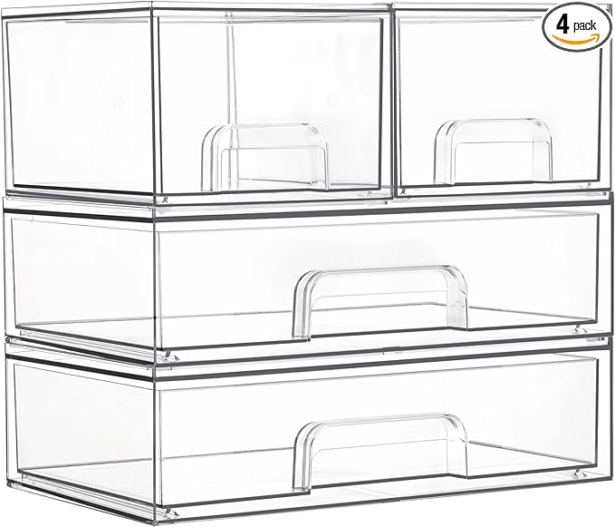 Vtopmart Stackable Storage Drawers Set of 4, Clear Plastic Organizer Bins for Bathroom Supplies,Ideal for Cabinet,Pantry,Laundry Room Organization by Vtopmart