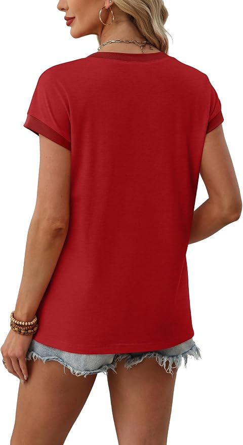 WIHOLL Womens Summer Tops 2026 Cap Short Sleeve Shirs V Neck T Shirts Fashion Beach Vacation Clothes Color Block - Image 5
