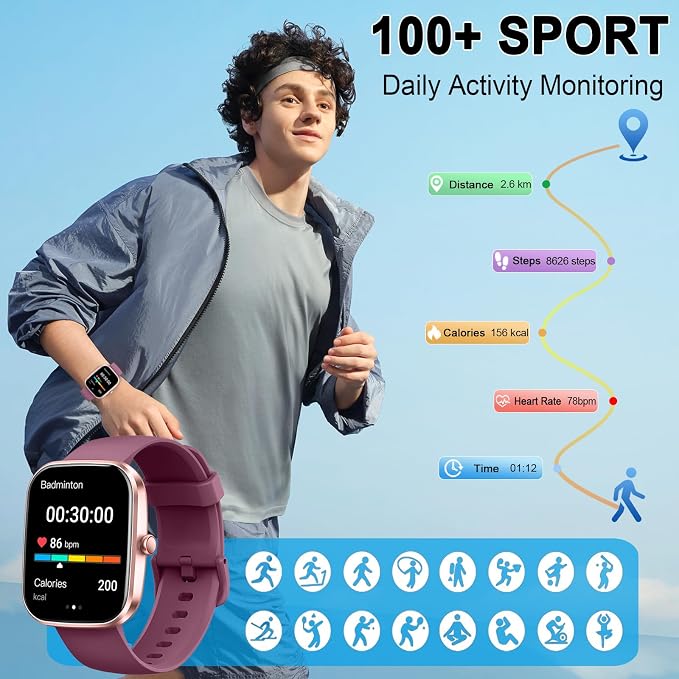 Smart Watch(Answer/Make Call), 1.91"HD Smartwatch for Men Women with Heart Rate/Sleep Monitor/Pedometer/Calories, 113+ Sports Fitness Watch Tracker, IP68 Waterproof Step Counter for Android iOS-Wine - Image 4