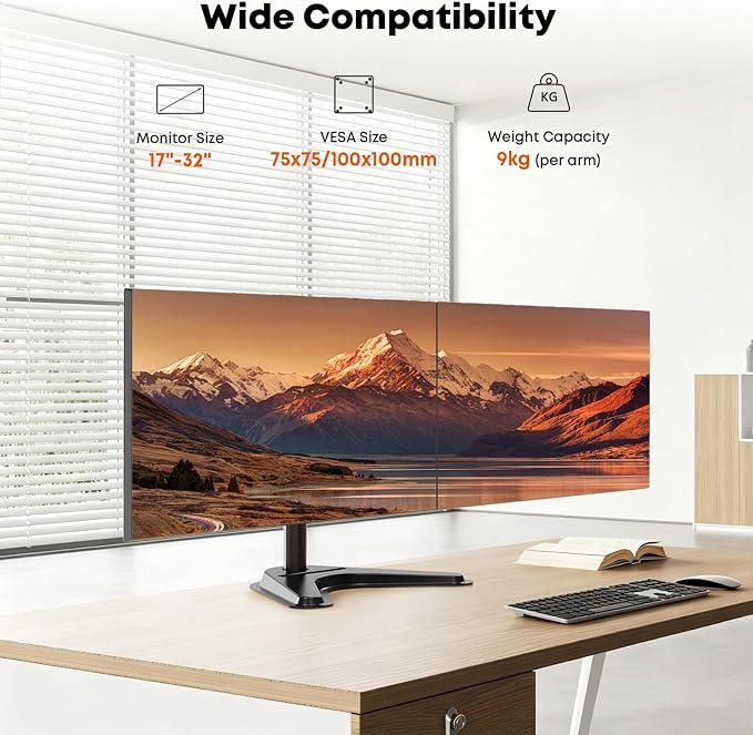 Dual Monitor Stand fits 17-32 inch, Free Standing Heavy Duty Monitor Mount | Precise Slide, Tilt, Swivel, Rotate and Height Adjust, 19.8 lbs per Arm, VESA 75/100mm - Image 2