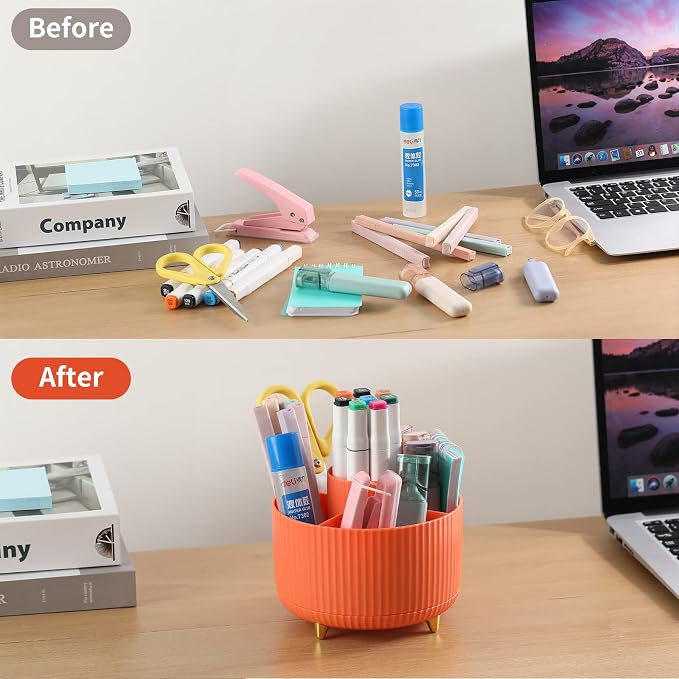 Desk Pencil Pen Holder, 5 Slots 360°Degree Rotating Pen Organizers for Desk, Desktop Storage Stationery Supplies Organizer, Cute Pencil Cup Pot for Office, School, Home, Art Supply, Orange - Image 4