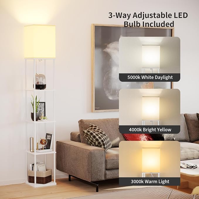 SUNMORY 5 Tier Floor Lamp with Shelves, Modern Square Standing Lamp with 3 Color Temperature Bulb, Corner Display Bookshelf Lamp for Living Room and Bedroom, Tall Shelf Floor Lamp White - Image 2