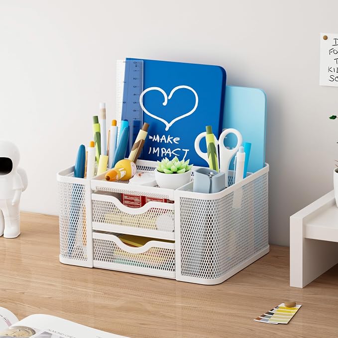 Marbrasse Mesh Desk Organizer, Pen Organizer with 2 Drawer, Multi-Functional Pencil Holder, Desk Organizers and Accessories with 5 Compartments + Drawer for Office Art Supplies (White) - Image 5