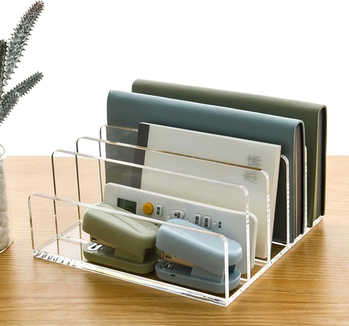 5 Compartments Clear Acrylic Mail Holder – Vertical Letter Sorter & Multifunction Desk Organizer for Bills, Documents, Notebooks – Modern Office/Home Envelope File Rack - Image 3