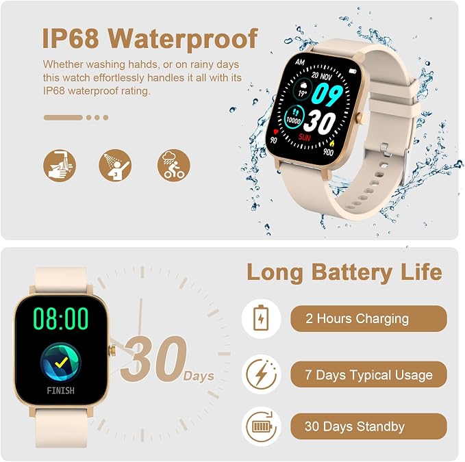 Smart Watch for Men Women Compatible with iPhone Samsung Android Phone 1.69 inch Full Touch Screen IP68 Waterproof Bluetooh Fitness Tracker Heart Rate/Sleep Monitor (Gold) - Image 7