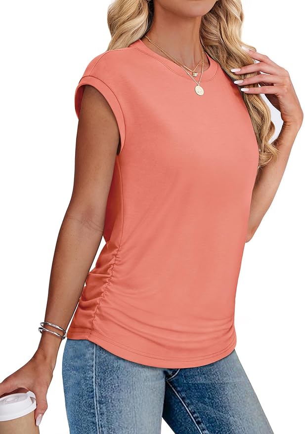 Sampeel Womens Summer Tops Trendy 2026 Ruched Cap Short Sleeve Tshirts Shirts Crew Neck T Shirts Fashion - Image 4
