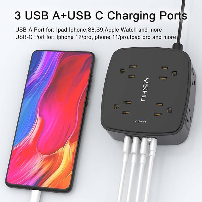 6 Ft Surge Protector Power Strip - YISHU 8 Widely Outlets with 4 USB Ports, 3 Side Outlet Extender with 6 Feet Flat Extension Cord, Ultra Flat Plug, Wall Mount, Desk USB Charging Station, ETL, Black - Image 3