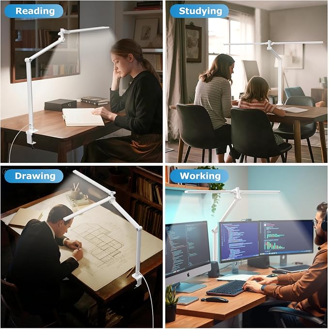 Airlonv LED Desk Lamp, Double Swing Arm Wide Lighting Area Desk Lamps for Home Office with Stepless Dimming, Eye-Caring Architect Desk Light with Clamp for Reading, Study, Workbench, Drafting(White) - Image 8
