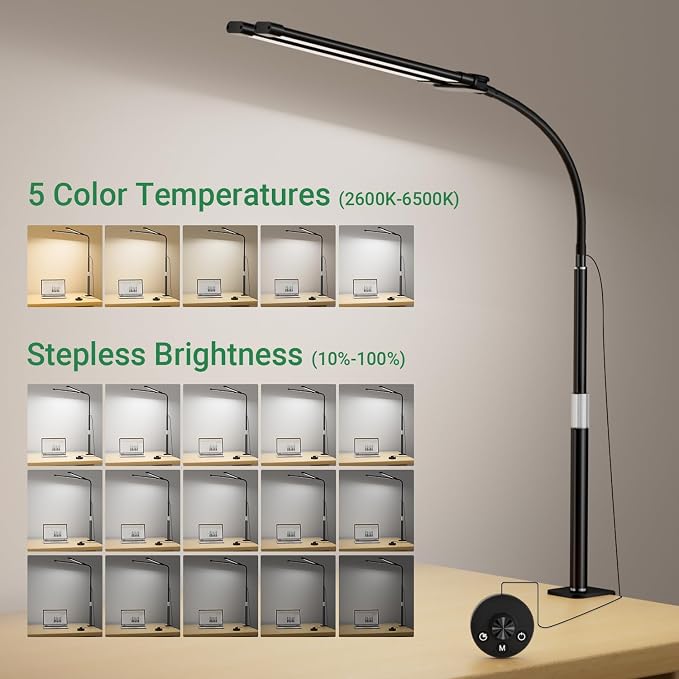 LED Desk Lamp with Clamp, 23.5-31.5 Inches, Black | 24W, 75 Lighting Modes, Flexible Neck Design, Telescopic Height, For Home Office Study Work Craft Paint - Image 3