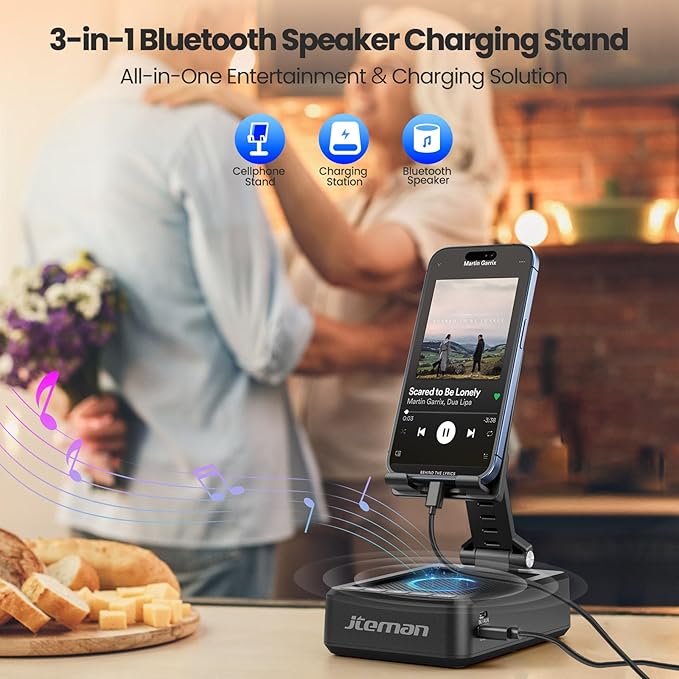 JTEMAN Cell Phone Stand with Bluetooth Speaker and Charging Function, HD Sound Adjustable Phone Holder, Birthday Gifts for Men Women, Cool Tech Kitchen Gadgets for All Phones,Tablet (Black) - Image 2