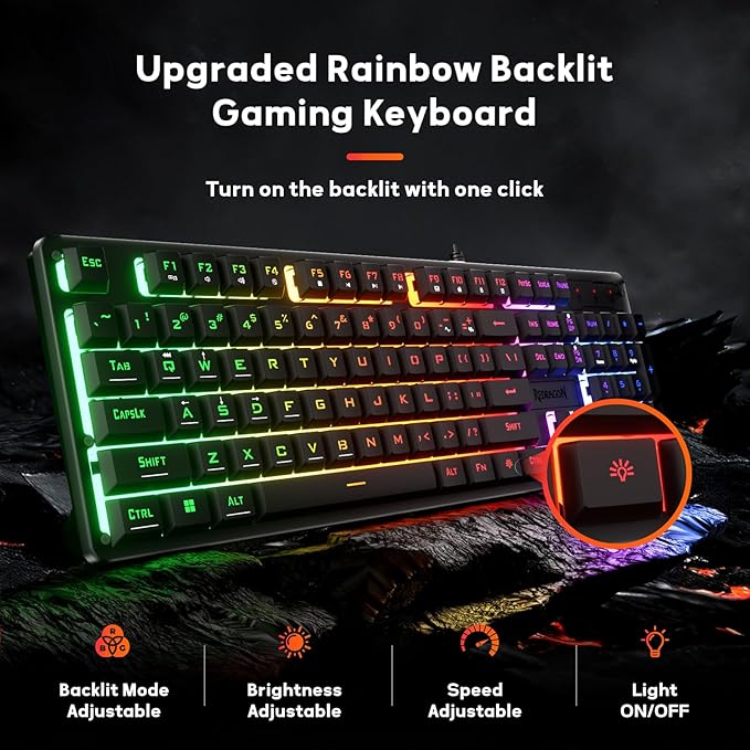 Redragon K521 Upgrade Rainbow LED Gaming Keyboard, 104 Keys Wired Mechanical Feeling Keyboard with Multimedia Keys, One-Touch Backlit, Anti-Ghosting, Compatible with PC, Mac, PS4/5, Xbox - Image 2