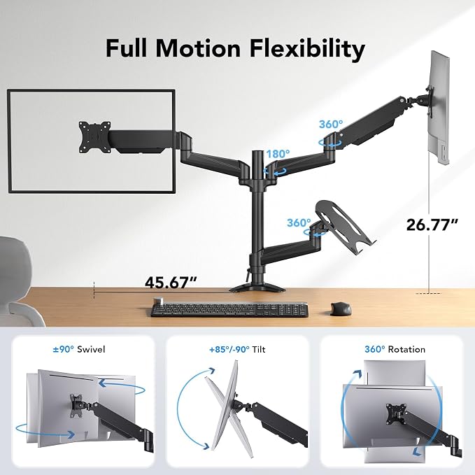 HUANUO Dual Monitor and Laptop Mount for Max 32” Monitor and 17” Laptop, Adjustable Arm with Tilt, Swivel and Rotation, Dual Monitor and Notebook Stand with VESA Bracket 75/100 mm - Image 3
