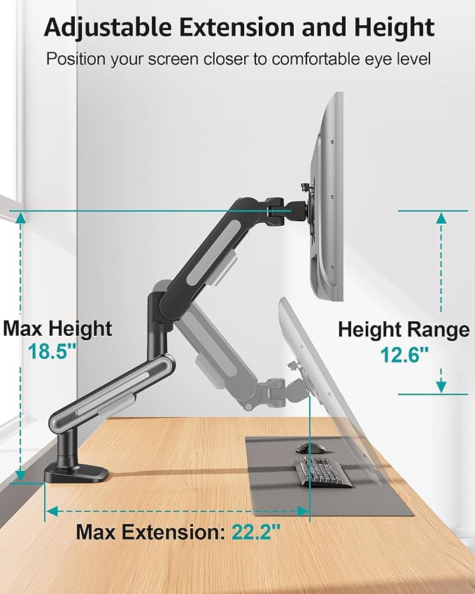 MOUNT PRO Single Monitor Desk Mount for Max 40 Inch Screens, Adjustable Gas Spring Monitor Arm Holds up to 26.5lbs, Computer Monitor Stand with Clamp and Grommet Base, VESA Mount 75x75mm/100x100mm - Image 5