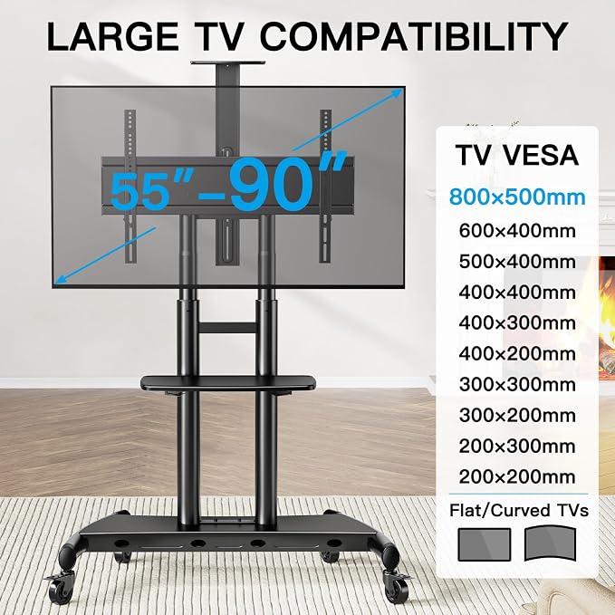 PERLESMITH Mobile TV Stand for 55-90 Inch Flat/Curved Screen TV Max VESA 800x500mm Outdoor TV Cart with Height Adjustable AV Shelf- UL Certificated Rolling Floor TV Stand Holds up to 200Lbs (PSTVMC07) - Image 2