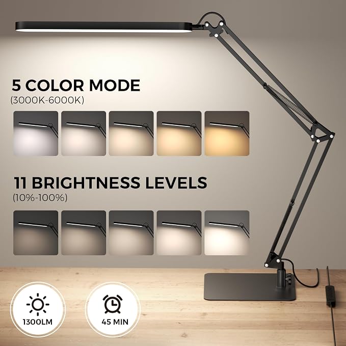 SKYLEO LED Desk Lamp with Slim Base - Adjustable Swing Arm Desk Light, Dimmable, Timer, Eye Protection, Memory Function, 1300LM, 12W, Black - Image 2