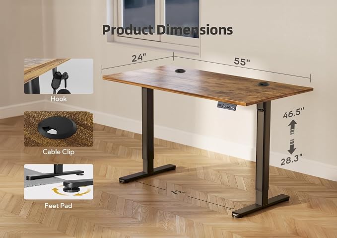 YDN 55 x 24 Inch Rustic Brown Electric Standing Desk | Adjustable Height, Sit Stand, Cable Management, Ergonomic, Home Office - Image 4