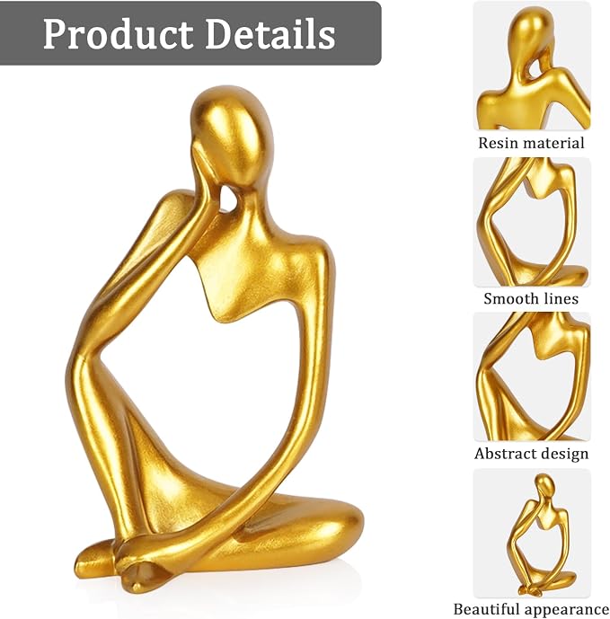 Sandstone Resin Thinker Style Abstract Sculpture Statue Collectible Figurines Home Office Bookshelf Desktop Decor (Small Gold, Left) - Image 4