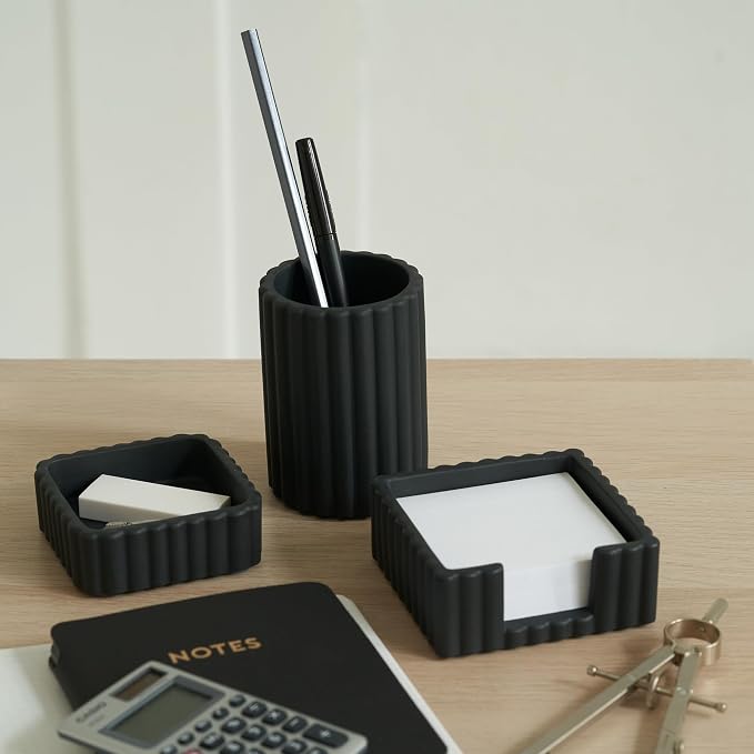 Aesthetic Desk Organizer Set of 3 For Your Office - Sturdy Concrete Desktop Accessories For Women Enhance Any Office Decor - Set incl. Pen Holder, Paperclip Storage & Sticky Note Holder for Teacher - Image 2