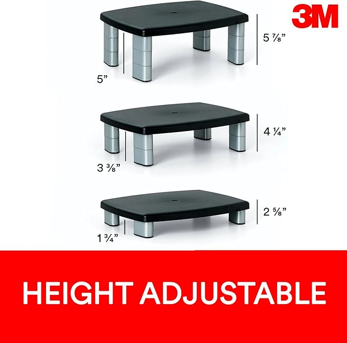 3M Adjustable Monitor Stand, Three Leg Segments, Simply Adjust Height from 1" to 5 7/8", Holds Up to 80 lbs, 11" Space Between Columns, Silver/Black (MS80B) - Image 4