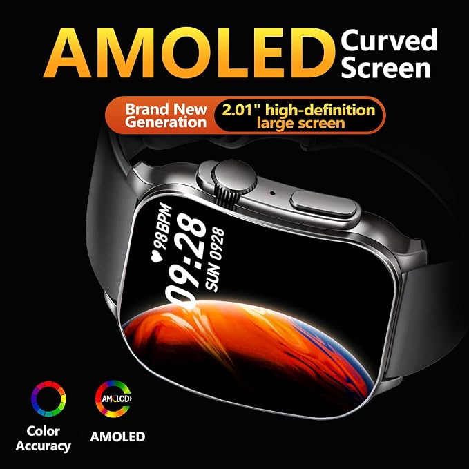 Smart Watch for Men, 2.01" AMOLED Curved HD Screen Smart Watch, Fitness Tracker with 24/7 Heart Rate/Sleep Monitor, IP68 Waterproof Running Watch, Compatible with iOS & Android for Daily Workout Black - Image 2
