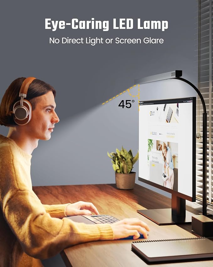SUPERDANNY LED Desk Lamp for Office Home, Eye-Caring Desk Light with Adjustable Gooseneck, 12W Touch Control Dimmable Brightness, Architect Clamp Lamp with USB Adapter, Grey - Image 2