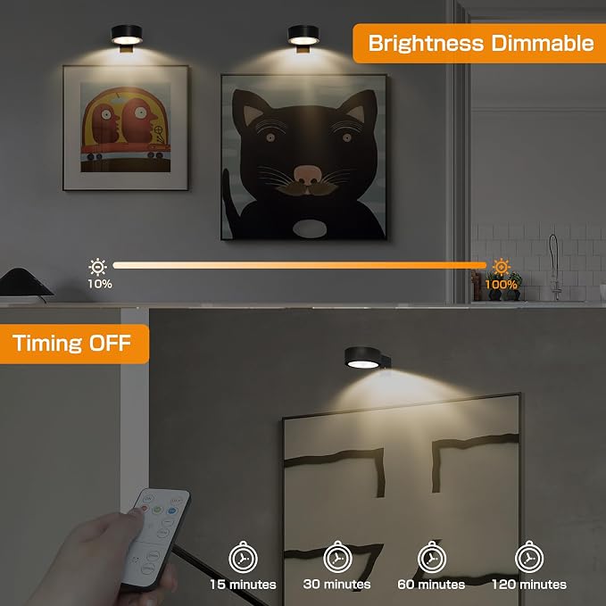 2-Pack Picture Light for Paintings Battery Operated Art Light with Remotes,3 Lighting Display Light,Magnetic Dimmable and Timer Wall Light for Picture Artworking Frame Portrait,LED Puck Lights-Black - Image 3