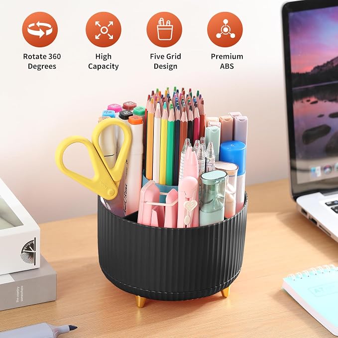 Desk Pencil Pen Holder, 5 Slots 360°Degree Rotating Pen Organizers for Desk, Desktop Storage Stationery Supplies Organizer, Cute Pencil Cup Pot for Office, School, Home, Art Supply, Black - Image 2