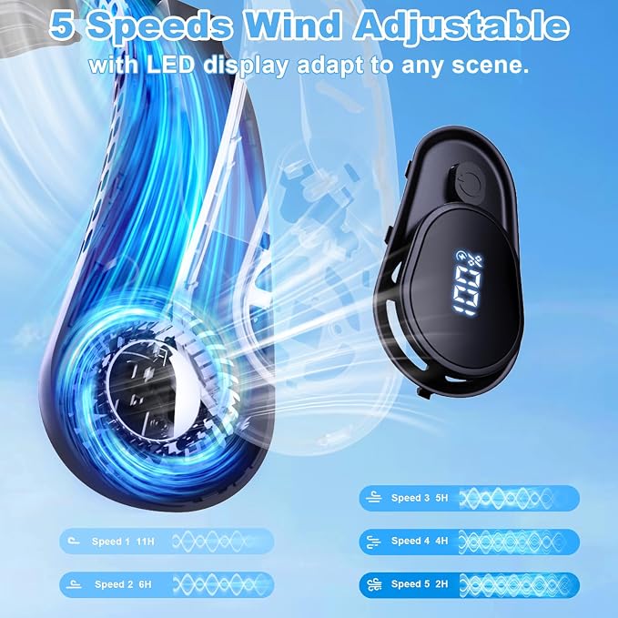 Portable Neck Fan Rechargeable - [with LED Display] 5 Speeds, 5000 mAh Battery Operated Wearable Personal Cooling Bladeless Fan for Outdoor Travel, Gifts for Men Women Kids,Black - Image 4