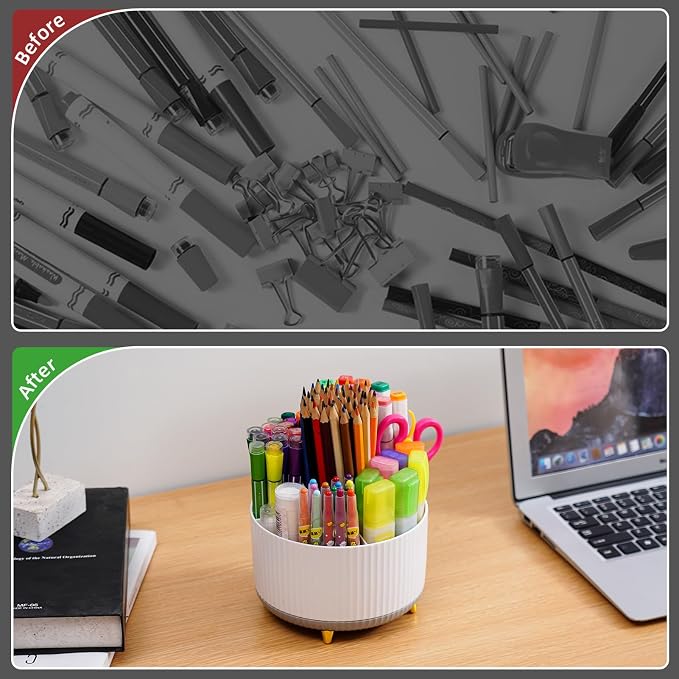 Marbrasse Desk Organizer, 360-Degree Rotating Pen Holder, Desk Organizers and Accessories with 5 Compartments Pencil Holder, Art Supply Storage Box Caddy for Office, Home (White+Grey) - Image 7