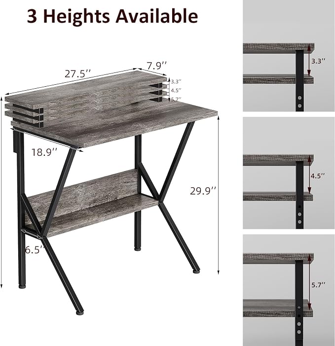 COTUBLR Small Desk, Small Computer Desk for Small Spaces, 27.5 Inch Computer Desk with Adjustable Monitor Stand, Compact Desk with Storage, Tiny Desk Study Desk for Bedroom Home Office, Grey - Image 3