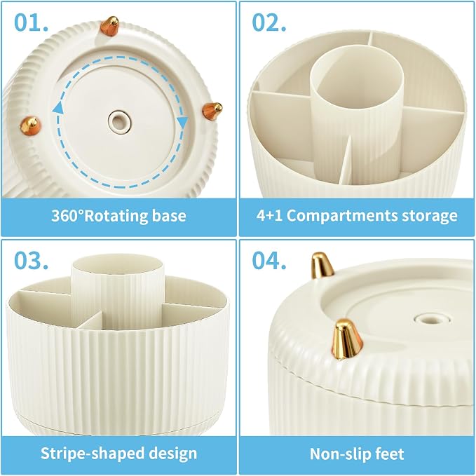 Marbrasse Desk Organizer, 360-Degree Rotating Pen Holder, 5-Compartment Pencil Organizer, Art Supply Storage Box Caddy for Office and Home (Ivory) - Image 4