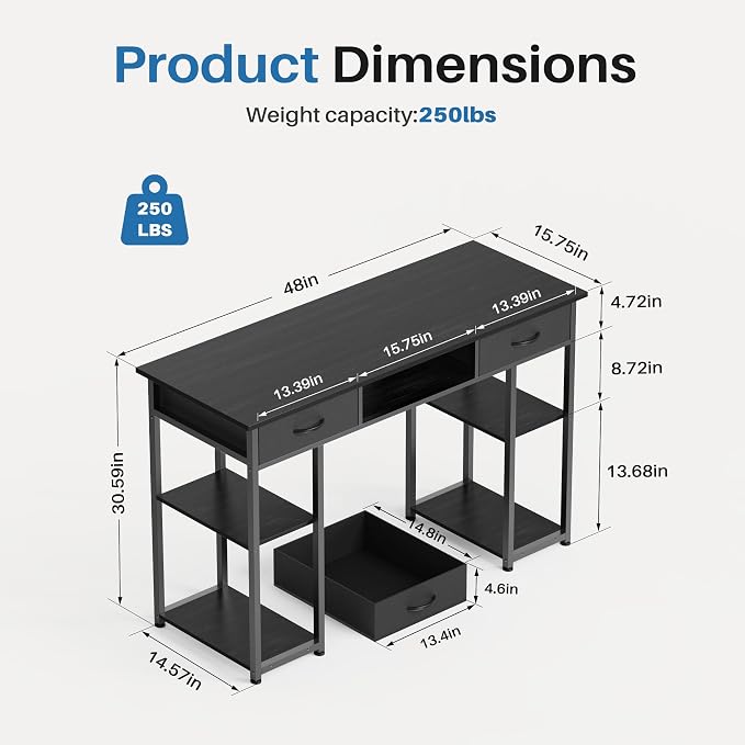 OLIXIS 48 Inch Desk with Storage, Computer Desk, Fabric Drawers | Home Office, Gaming Writing, Study Work, PC Table, Small Space Bedroom, Black - Image 3