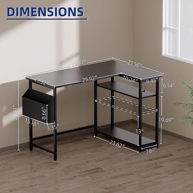 Pamray 40 Inch L Shaped Computer Desk with Reversible Side Storage Shelves, Small Corner Desk for Small Space Home Office, Writing Study Table PC Desk for Bedroom, White - Image 3