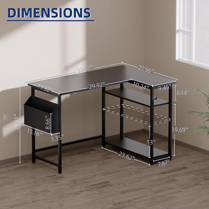 Pamray 40 Inch L Shaped Computer Desk with Reversible Side Storage Shelves, Small Corner Desk for Small Space Home Office, Writing Study Table PC Desk for Bedroom, Grey - Image 3