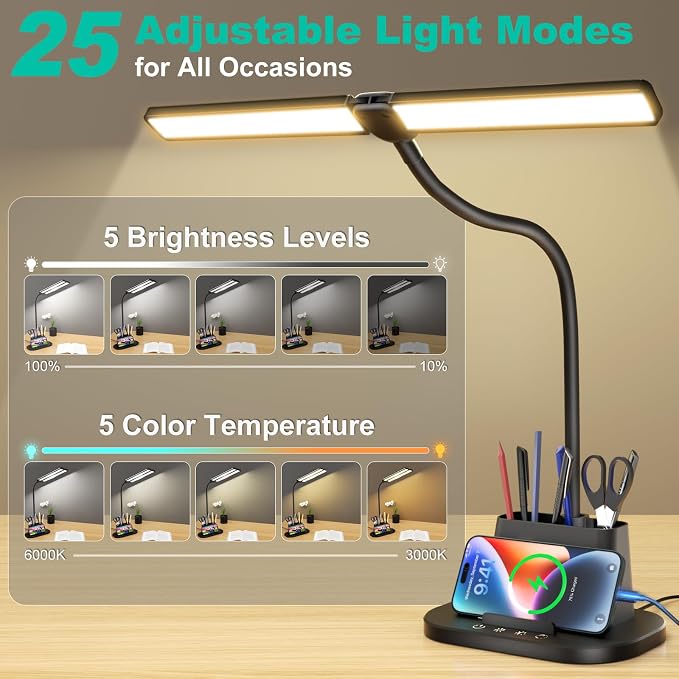 Desk Lamp with USB-C Charging Port and Organizer Base, LED Desk Light with Pen Holder, Phone Stand, 25 Lighting Modes, Flexible Gooseneck Touch Lamp for Home Office, Study Desk, College Dorm Room - Image 2