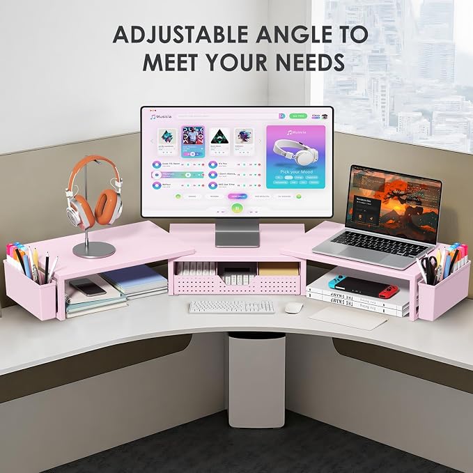OPNICE Desk Organizers and Accessories, Dual Monitor Stand Riser with Drawer and 2 Pen Holders, Desk Shelf Metal Computer Racks for Office Workspace Organizers, Desktop Organization (Pink Metal) - Image 6
